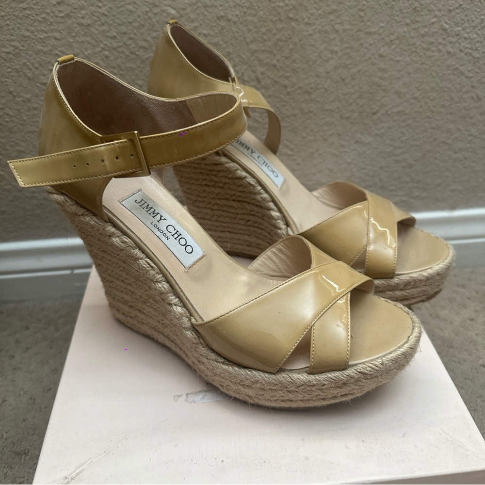 Jimmy Choo Tan Patent Wedge Sandals